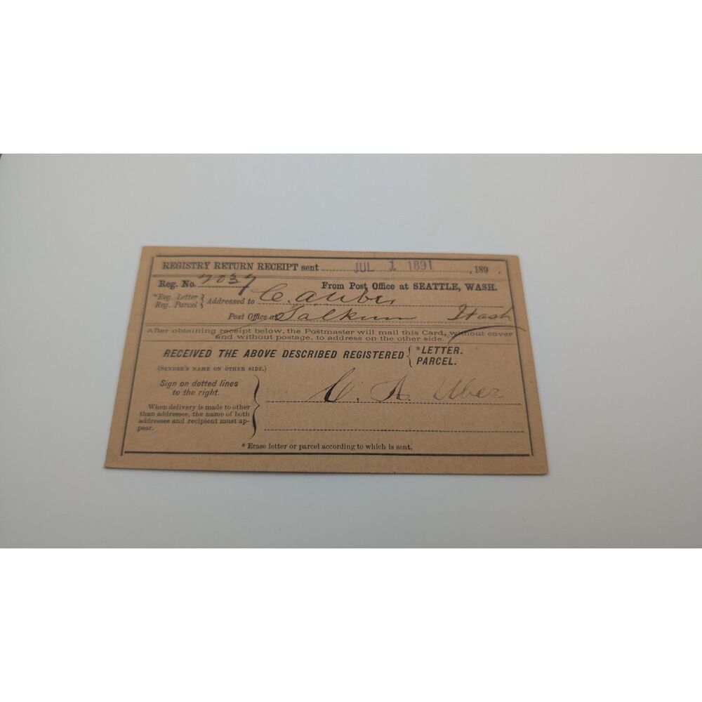 US Postal History Official Business Post Office Registered Receipt Card 1891 WA